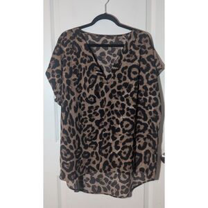 SHEIN Leopard Print Blouse Womens Brown Black V-Neck Short Sleeve